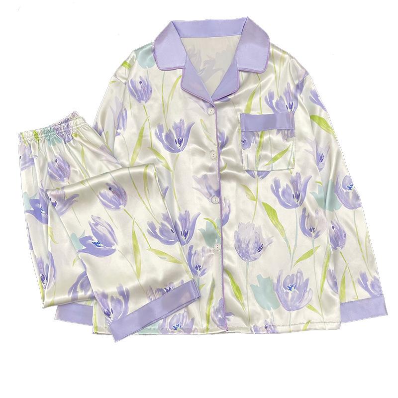 Ice Silk Pajamas Women'S Long-Sleeved Trousers Spring And Autumn Sweet Flower Tulip Thin Cool Loungewear Summer Suit