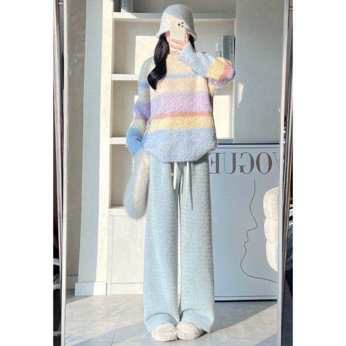 

2025 Женские брюки с высокой талией и широкими штанинами из белого норкового флиса - На флисовой подкладке, Мягкие и Пушистые, Осенне-зимний Стройнящий стиль S