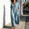 Summer Cotton Linen Dress for Women, Casual Loose Short Sleeve Long Dress, Button Up Lapel V Neck Flowy Maxi Dress