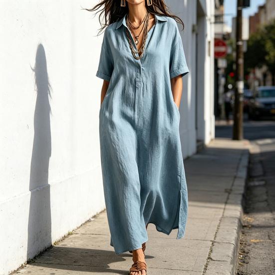 Summer Cotton Linen Dress for Women, Casual Loose Short Sleeve Long Dress, Button Up Lapel V Neck Flowy Maxi Dress