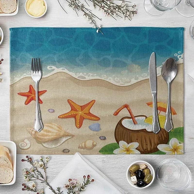 1PC Table Mats for Dining  Seaside Beach Pattern  Placemat Coconut Tree Linen
