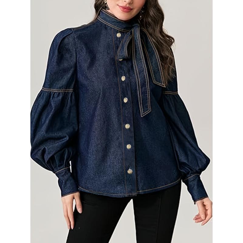 2025 Trendiges Damen-Denimhemd im europäischen Stil mit Schnür-Fliege