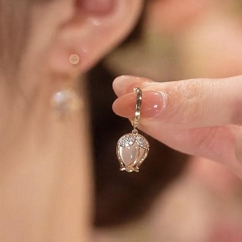 Pinkdudu Mode Luxus Opal Tulpe Tropfen Ohrringe Romantische Elegante Charmante Weiße Blume Ohrring für Frauen Schmuck PD1411