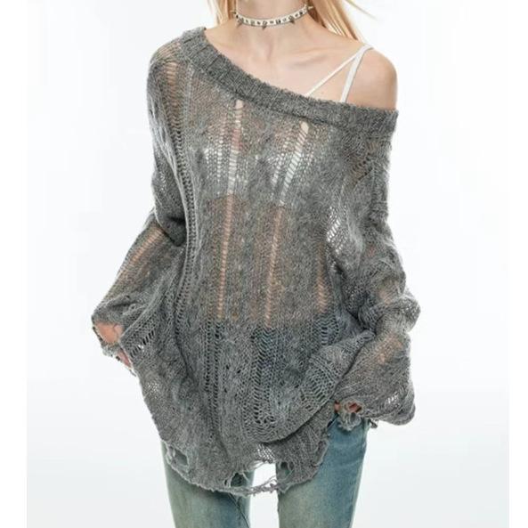 

Y2k Hollow Out Black Женский вязаный свитер Прозрачный трикотаж Harajuku Готический корейский модный свитер Уличная одежда One Size