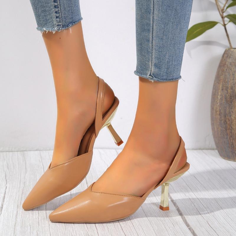 Women's Sandals Sexy Pointed Toe Elegant Solid Color PU Leather High Heels Shallow Mouth Slip-On Summer Baotou Women's Sandals
