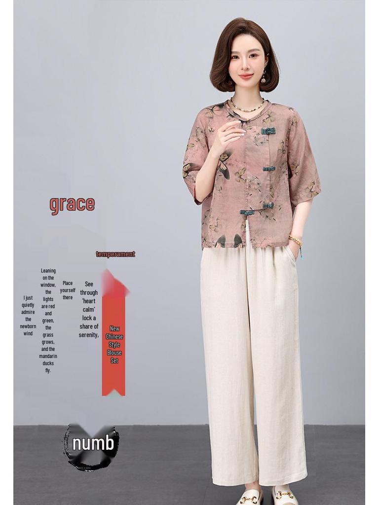 Elegantní dámský letní lněný dvoudílný set 2025 - High-endová ležérní móda pro maminky