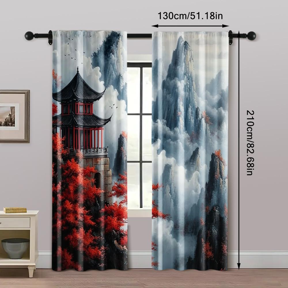 2pcs, Window Curtain 2D Print Glam Style Japanese Landscape Printed 100% Polyester (without Rod) Art Deco Festive for Living