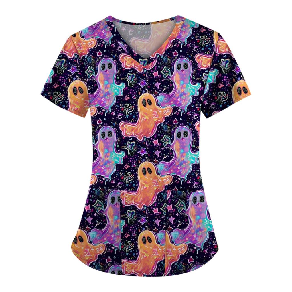 Velká velikost Potištěná srubová pracovní uniforma pro ženy s překříženým výstřihem do V Halloween potisk Zábavná trička s krátkým rukávem Pracovní oblečení Tričko s kapsami