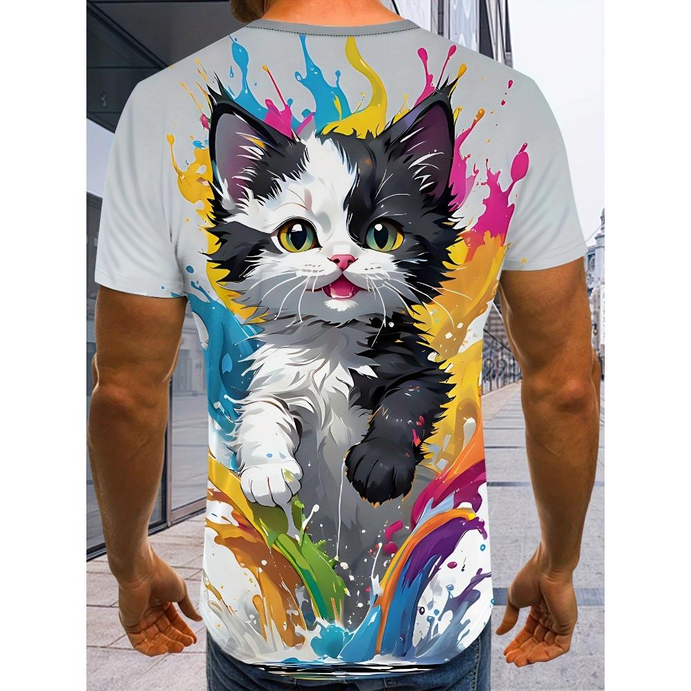 New Men's Black and White Cat Print T-shirt, Perfect for Summer Fashion.