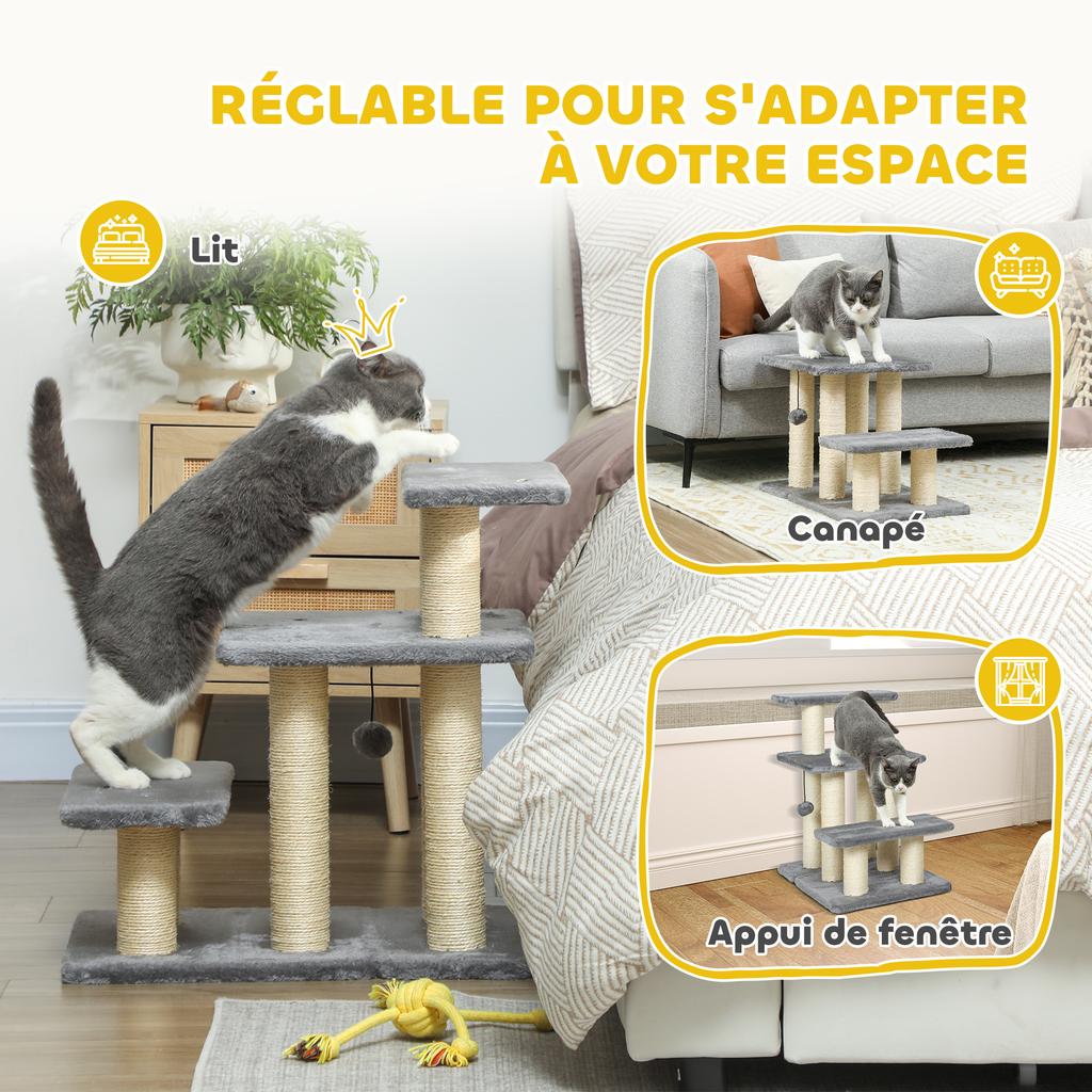 Pet Stairs, Adjustable 3-Step, Cat and Dog Ladder, Sisal Post, Ball, 52 x 34.5 x 54 cm, Grey