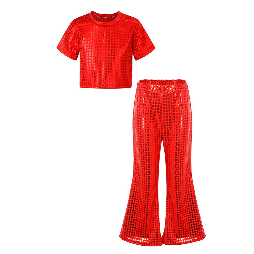 Dětské Dívčí Lesklé Flitry Párty Sety Kulatý Výstřih Crop Top s Elastickým Pasem Rozšířené Kalhoty pro Taneční Scénické Vystoupení