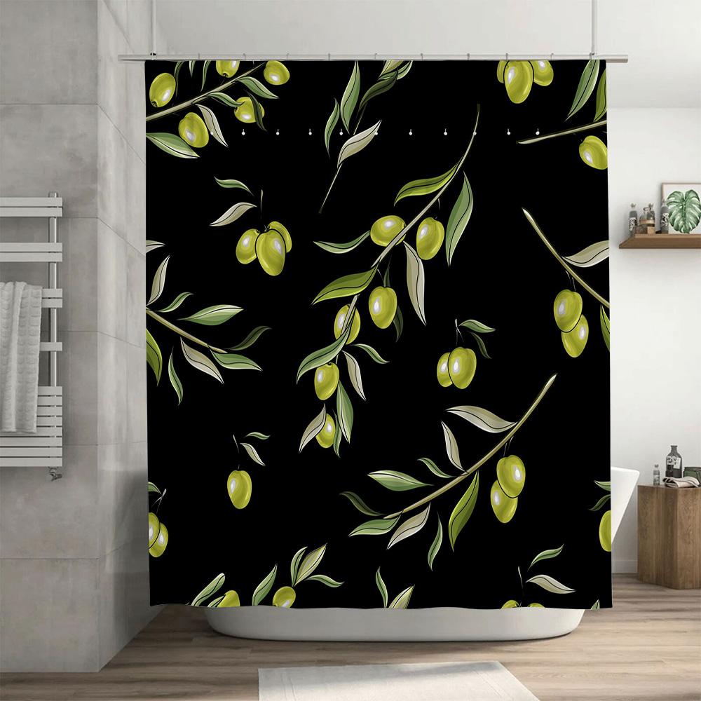 Green Olive Shower Curtain Black Background Modern Bathroom Decor Removable Vinyl Waterproof Fabric Print
