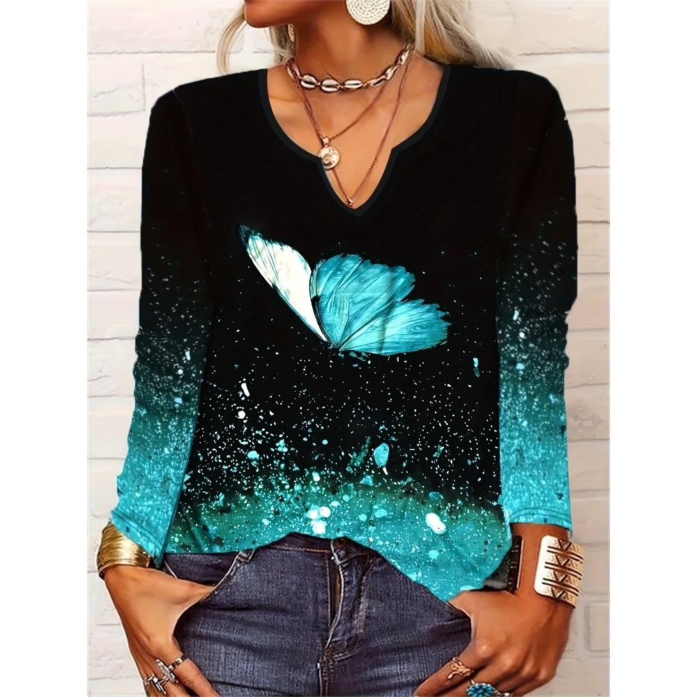 GMXIA Autumn Loose Long Sleeve Flower Bold V-neck T-shirt Base for Women