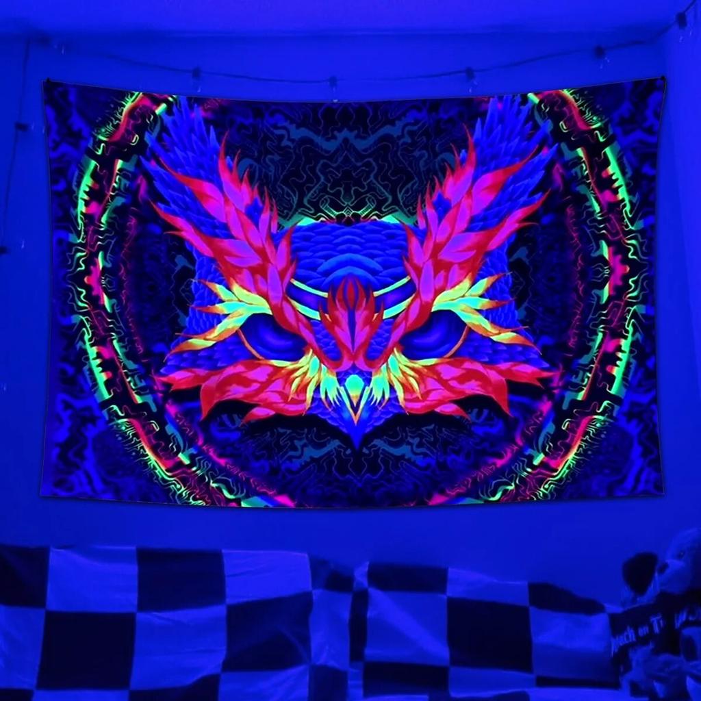 Black Light Art Tapestry UV Background Owl Mushroom Psychedelic Wall Hanging Hippie All Decor Bedroom Dorm Private Room