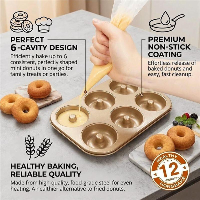 J1UL1N 2er-Pack Antihaft-Donut-Form, 6 Mulden Robuste Stahl-Mini-Bagel-Form, Ofenfeste Donut-Backform (Gold, 6 Tassen)
