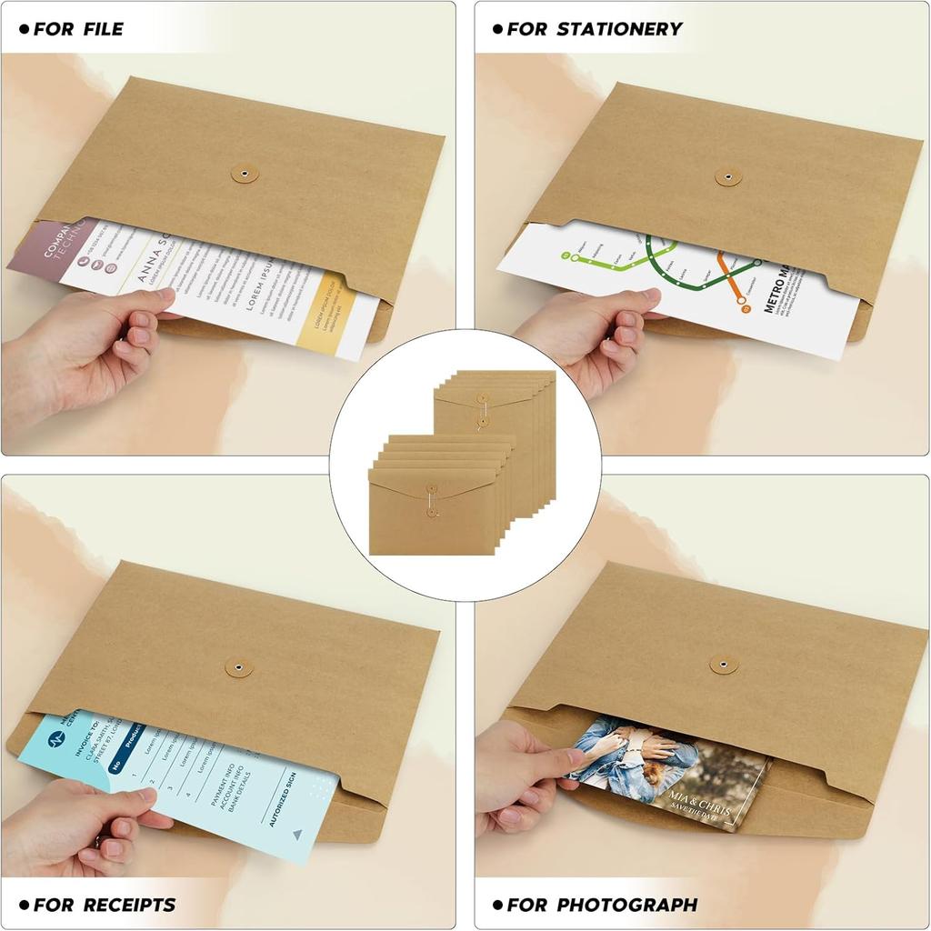 NatureTouch 10PCS A4 Envelopes Kraft Paper Folders,Kraft Paper File Folders Project Pockets Document Wallet Bag with String,Letter Size, Kraft File
