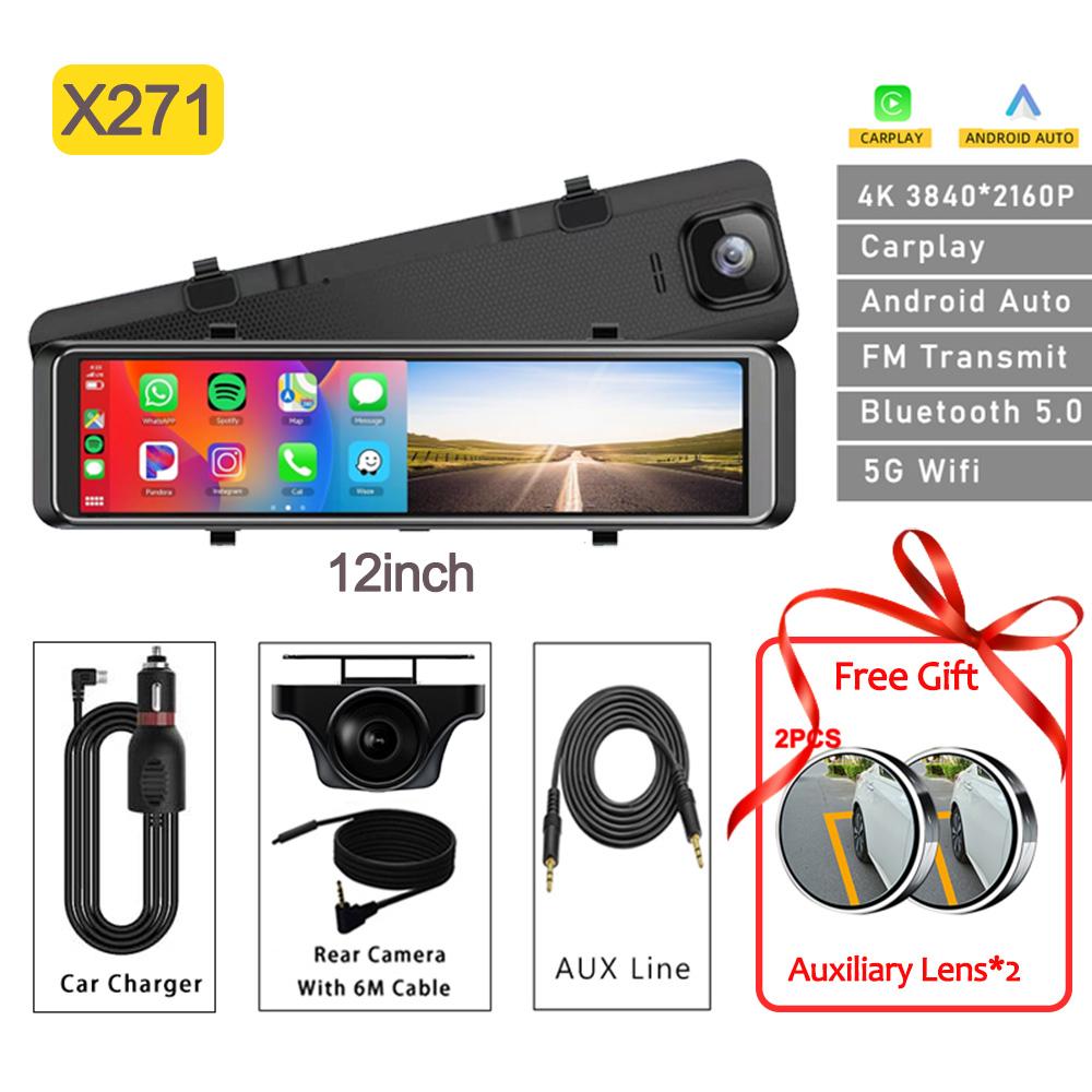 4K Rearview Mirror Car DVR 10/12inch Front and Rear Camera Carplay Android Auto Bluetooth Dash Cam for Car Camera for Vehicle