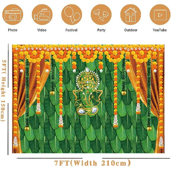 Indian Pooja Traditional Backdrop Diwali Ganpati Ganesh Marigold Puja Photography Background Green Banana Leaves Adult Religious Service Weeding