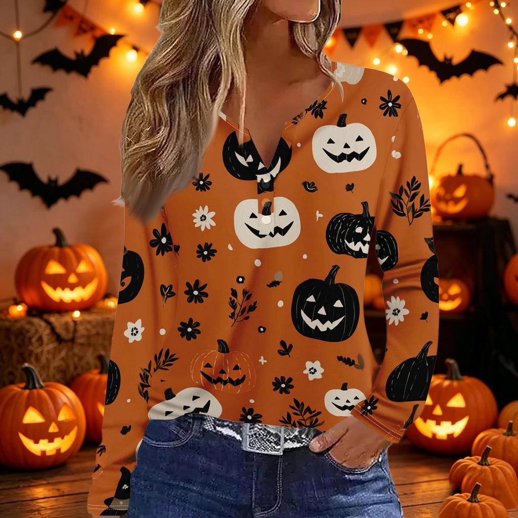 Women's Halloween Print V-Neck Long Sleeve T-Shirt with Decorative Buttons Casual Top