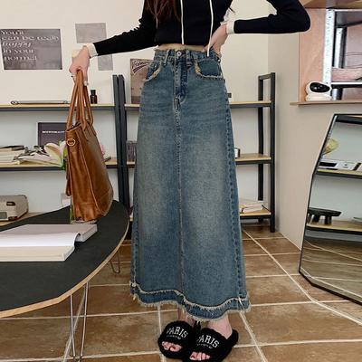 Design Retro Raw Edge Damen Sommer Gerade Fleischbedeckend Mittellang Lässig Paket Hüfte A-Linie Vielseitig Bequem Mode Denim Bustierrock