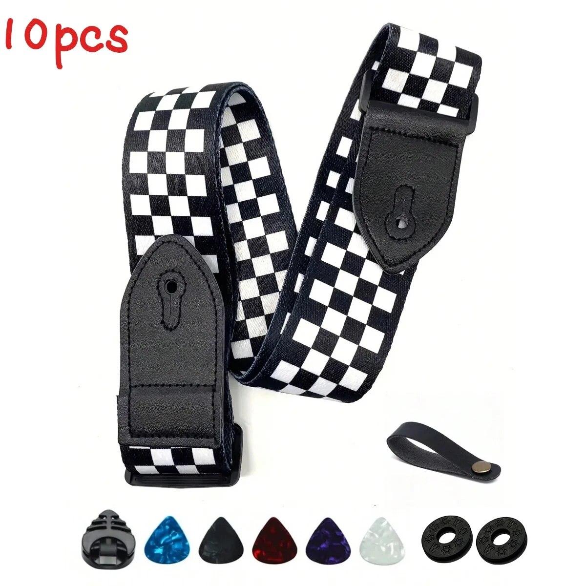 

10pcs Guitar Shoulder Strap, Black and White Squares Pattern Adjustable Guitar Shoulder Strap Includes 5 Guitar Picks and 1 Hold
