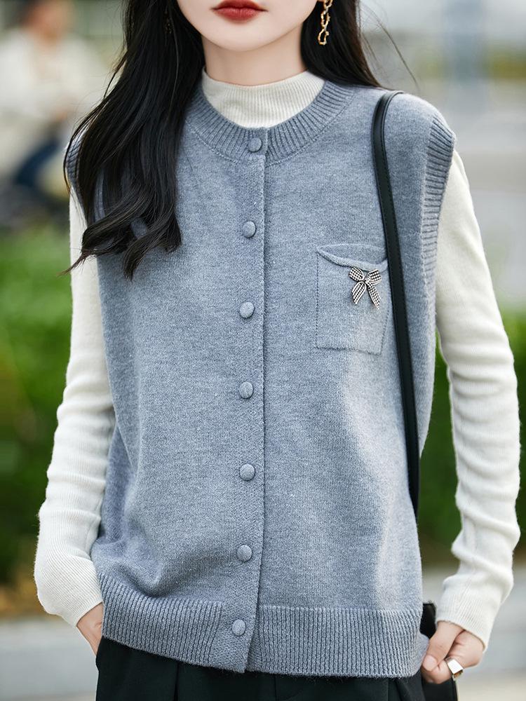 Damen Schicker Grauer Gestrickter Ärmelloser Weste - Rundhalsausschnitt, Lockere Passform Herbst Layering Top