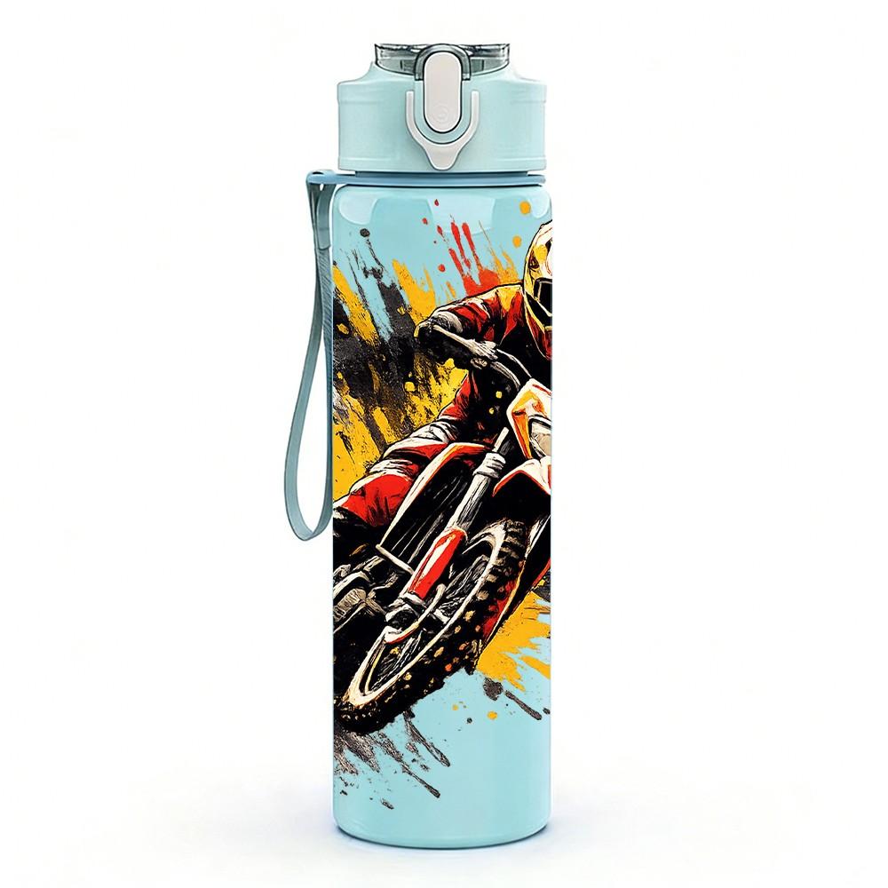 1 ud. Impresión Artística Splash de Velocidad para Motociclista Botella de Agua Deportiva de Plástico de Color de 750 ml Tapa con Pitorro Abatible Antifugas Adecuada para Deporte Oficina Uso en Casa