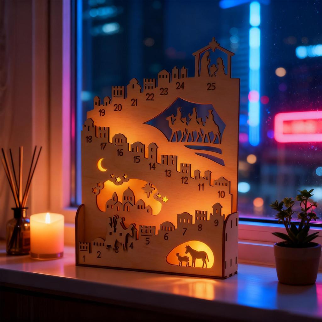 2025 hölzerner Weihnachts-Adventskalender, 25 Tage bewegliche Figur Weihnachts-Countdown-Kalender, hölzerne Weihnachtsdekorationslichter