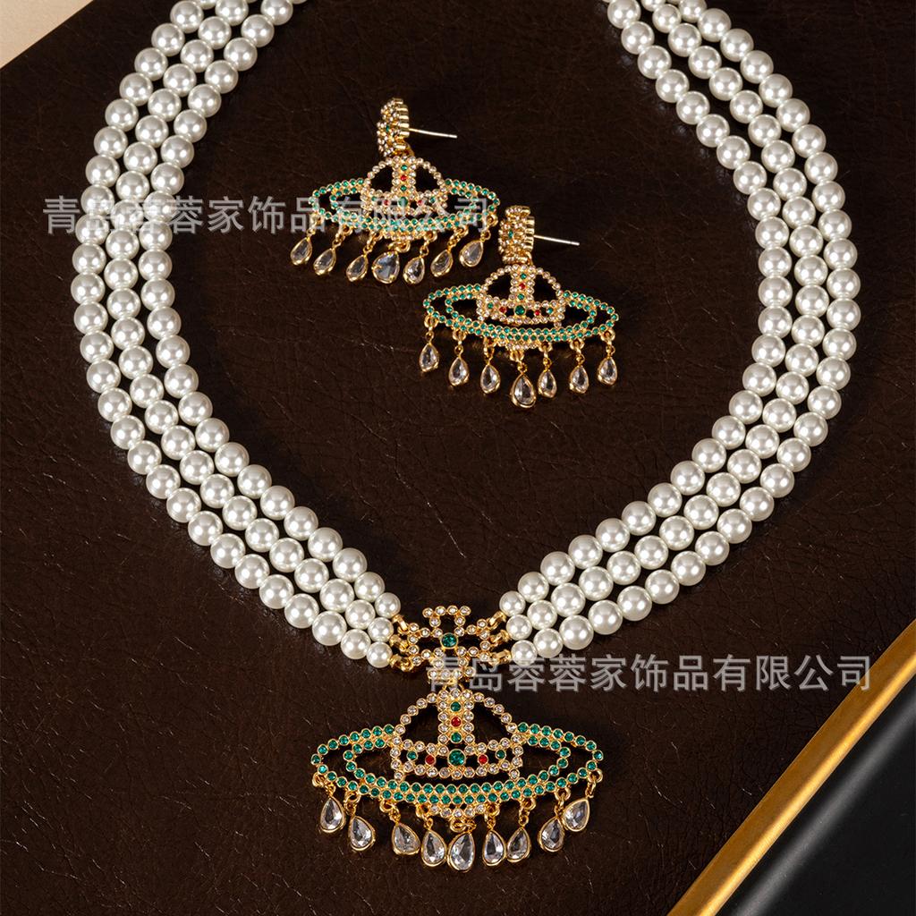 Cross Border Medieval Style Saturn Pearl Necklace Queen Dowager Vivian Waterdrop Tassel Vintage Earrings