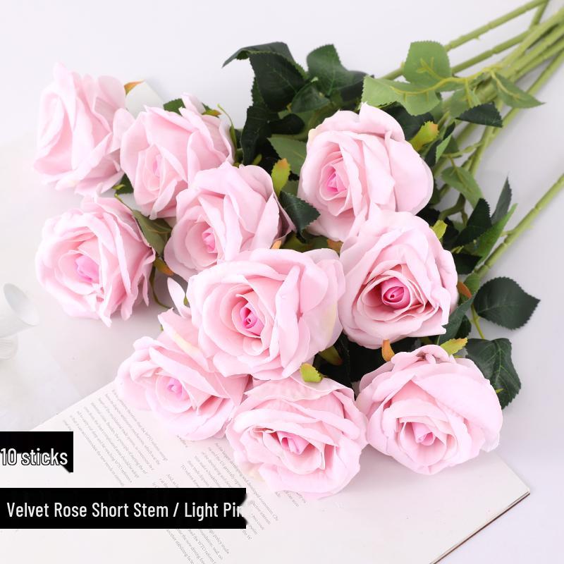 Red Velvet Rose Artificial Flowers - 10 Long Stems for Living Room or TV Cabinet Decor