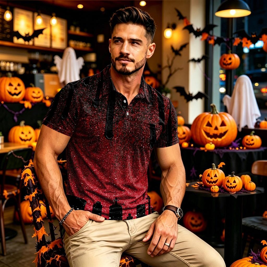 Men's Halloween Shirt with Pocket Casual Short Sleeve Button Down Top for Holiday Parties