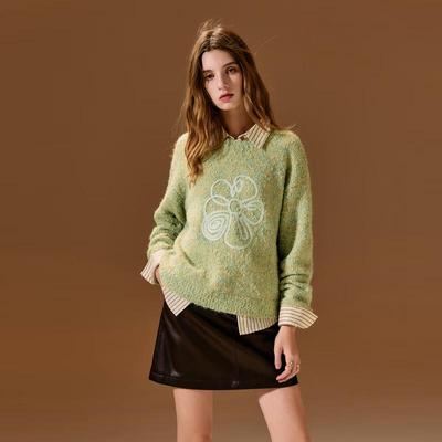 Sancai Damen Gestrickter Pullover mit Rundhalsausschnitt und Strukturmuster