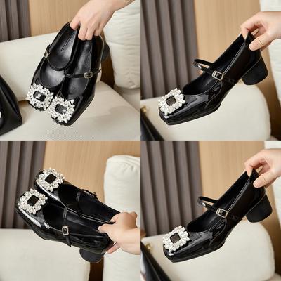 Leder Einzelne Schuhe Damen neu quadratischer Kopf flacher Mund Strass dicker Absatz hoher Absatz Wort mit sanftem Temperament Mary Jane Frau