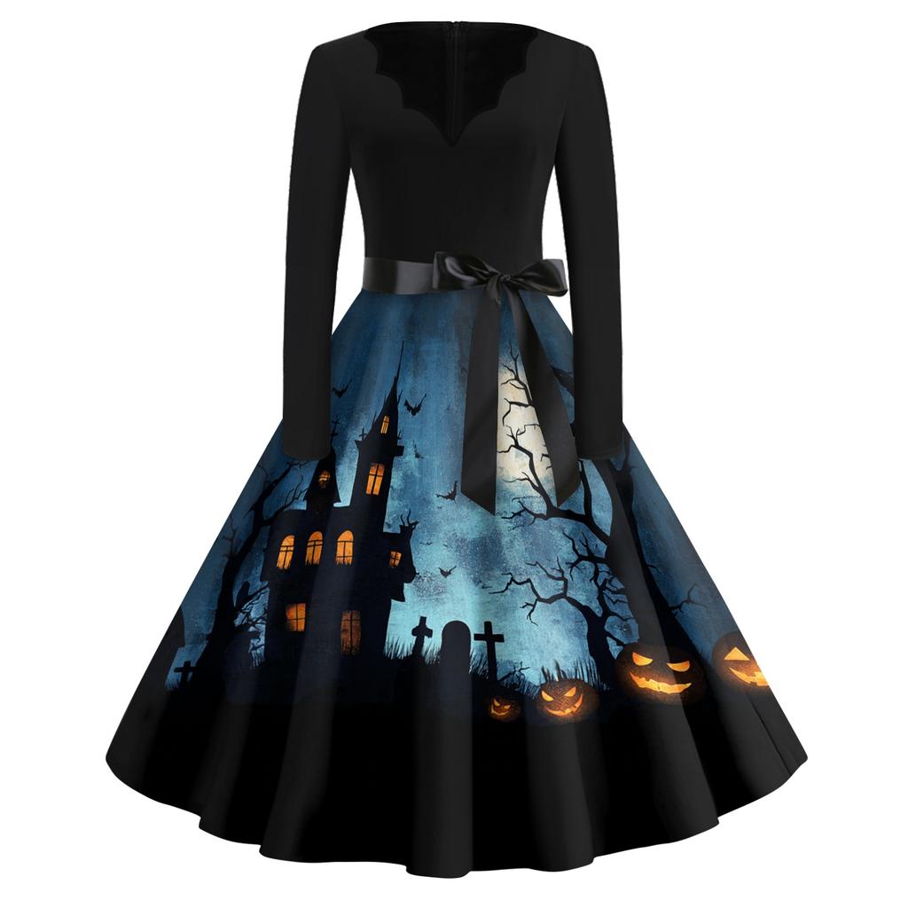 Women's Vintage Halloween Print V-Neck Dress, Casual Party Outfit for Celebrations