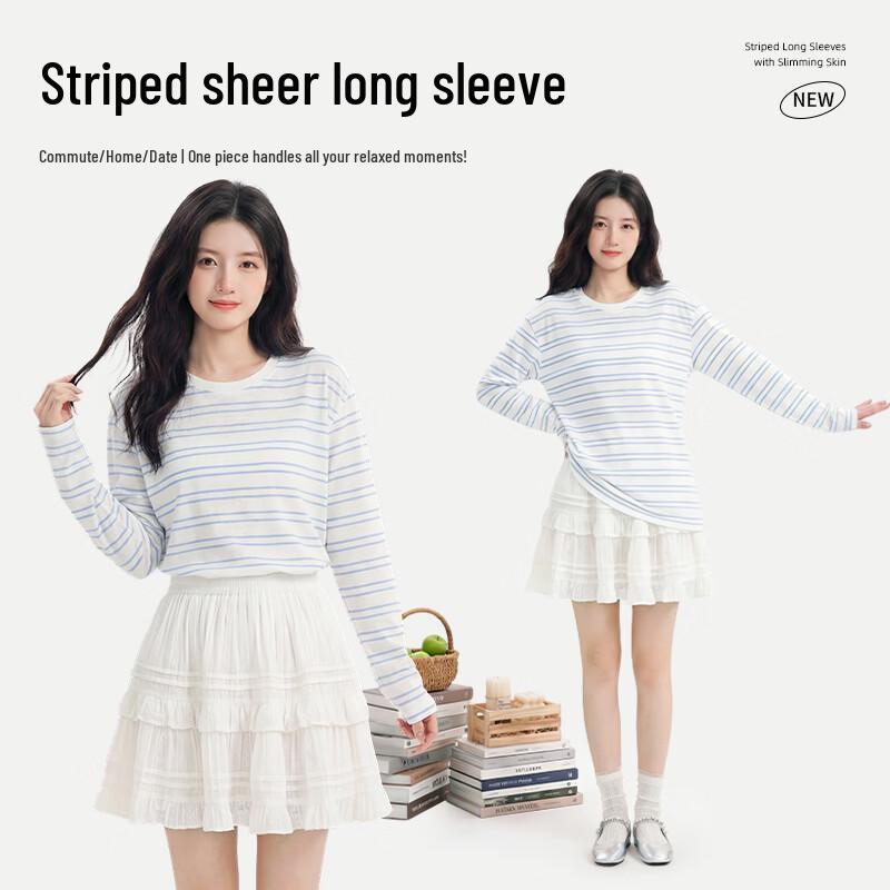 La Chapelle Women's Lyocell Blend Striped Sheer Long Sleeve T-shirt