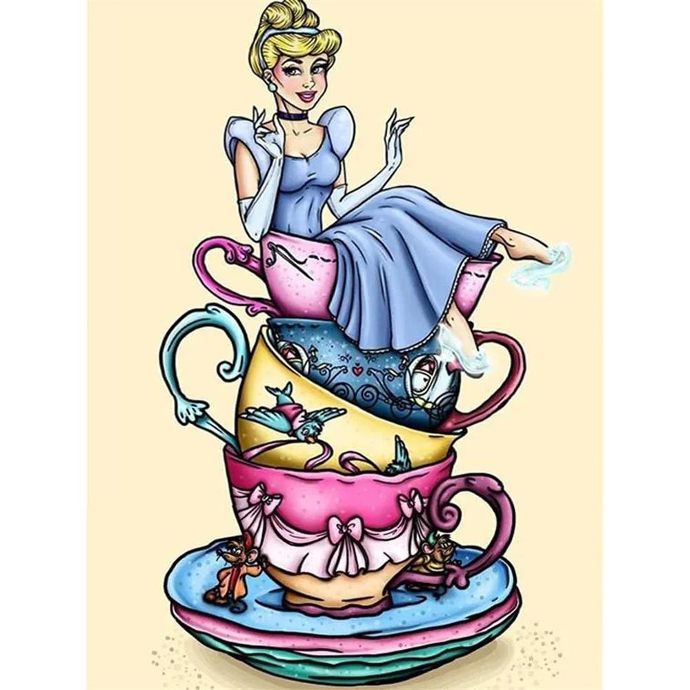 

Disney Diamond Painting Cinderella Teacup Stacking Creative Illustration Cartoon Diamond Painting Full Diamond Cross-Stitch DIY Gift Home Decoration Round 20x30cm