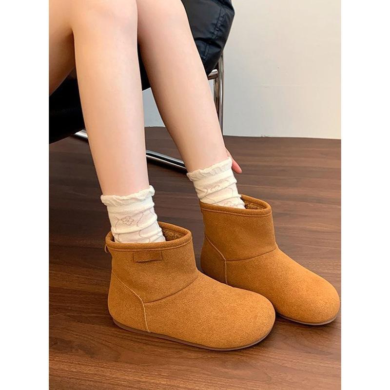 2025 autumn and winter new fashion snow boots thickened warm cotton shoes mustard green cute bread shoes flat short boots