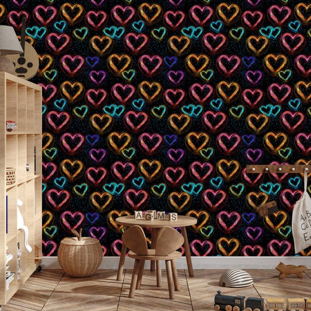 Neon Glitter Hearts Wallpaper Black, Burgundy and Ochre 50x1000