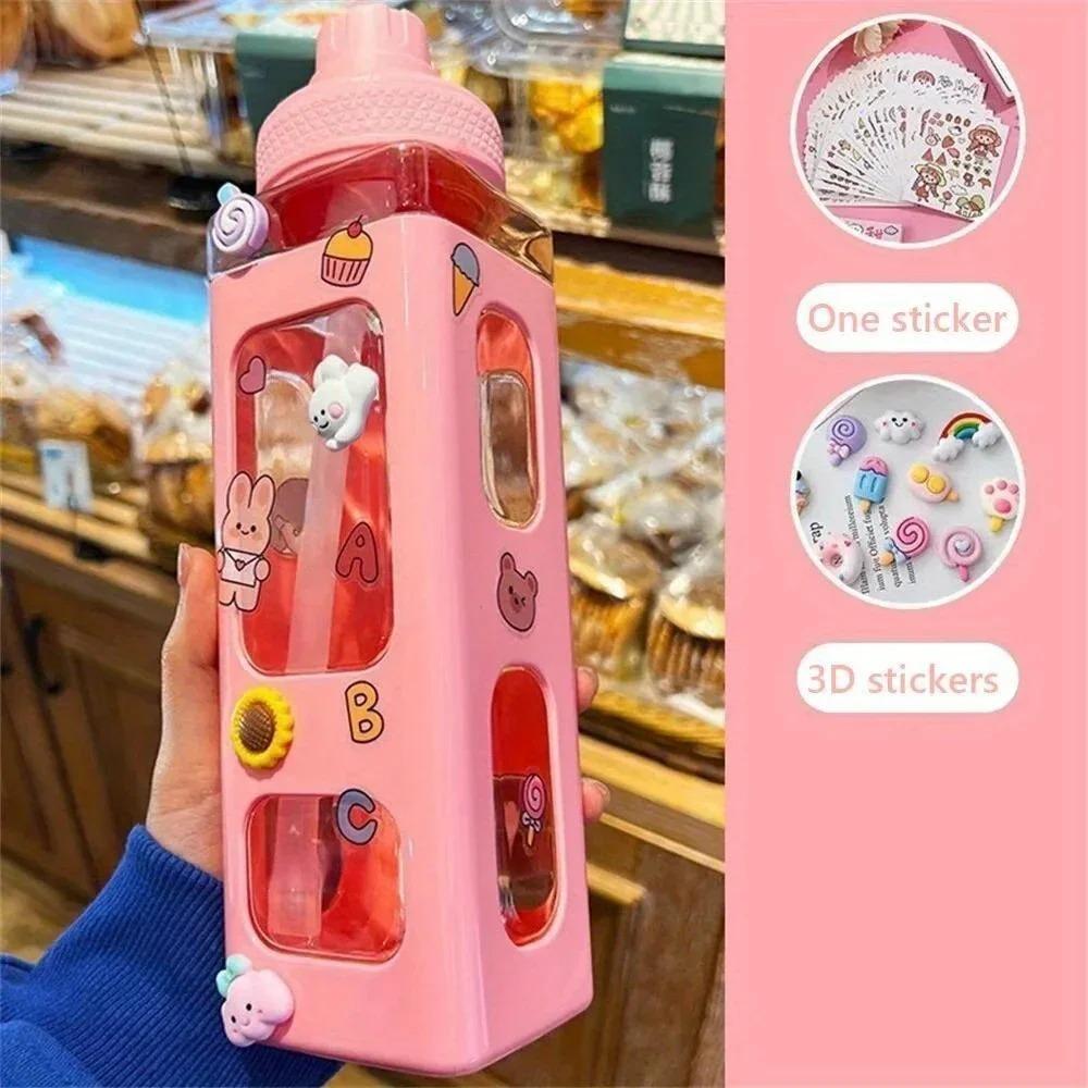 1pc Kawaii Water Bottle with Straw and DIY 3D Cute Stickers BPA-Free Plastic Square Water Cup Portable Drinkware for Camping 12