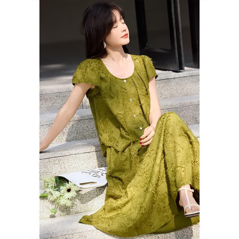 French Summer Fringe Texture Floral Top & Skirt Set