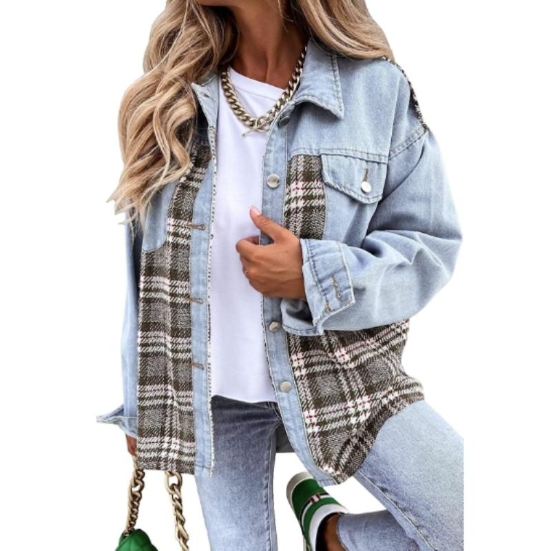Women's Jacket Denim Jacket Long Sleeve Plaid Button Down Shirt Jacket Top