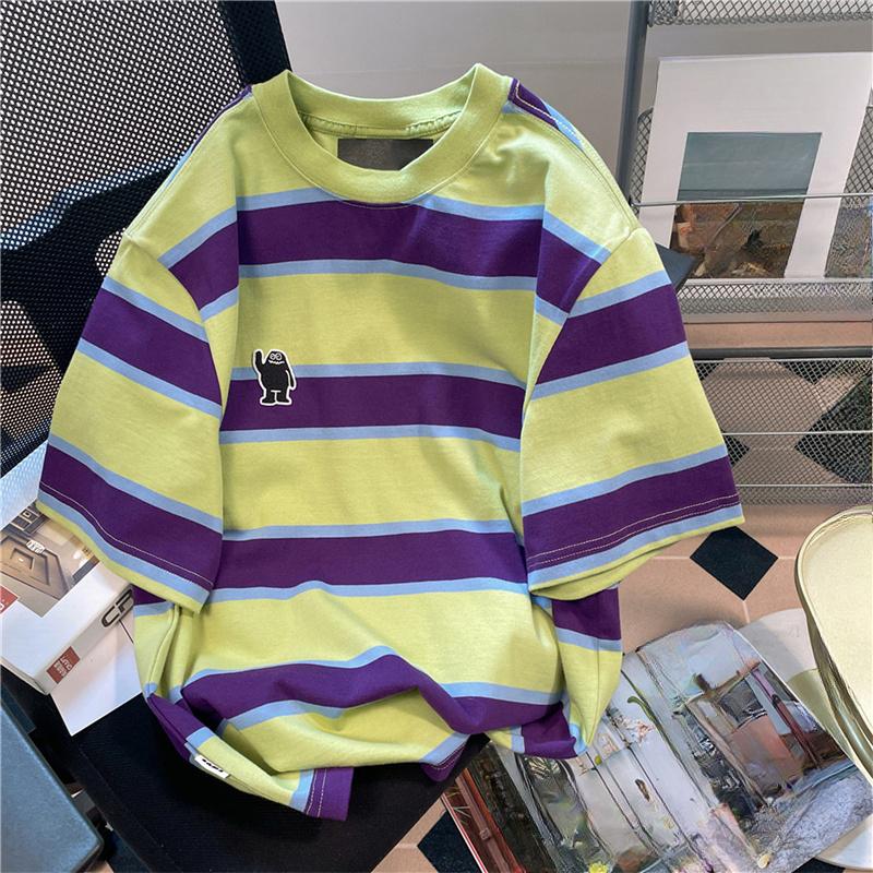 harajuku cartoon embroidery short sleeve T Shirt 2025 Summer fashion stripe T-shirt casual loose Women Clothing young girls white y2k Tops streetwear