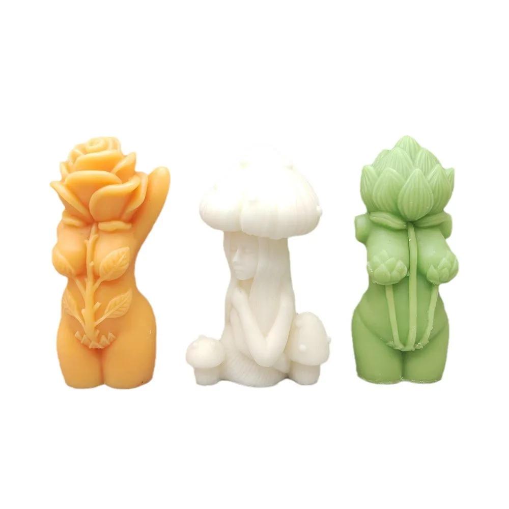 3D Rose Woman Female Body Candle Silicone Mold Lotus Goddess Resin Silicone Mold Mushroom Head Human Body Gypsum Mold