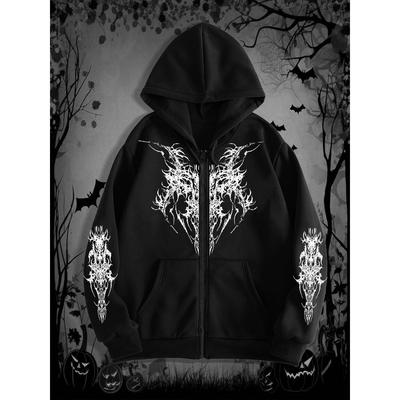 Heren Gothic Donkere Stijl Bedrukte Hoodie met Rits, Perfect voor Casual Streetwear, Ideaal voor Trendy Outfits, Halloween Essentieel