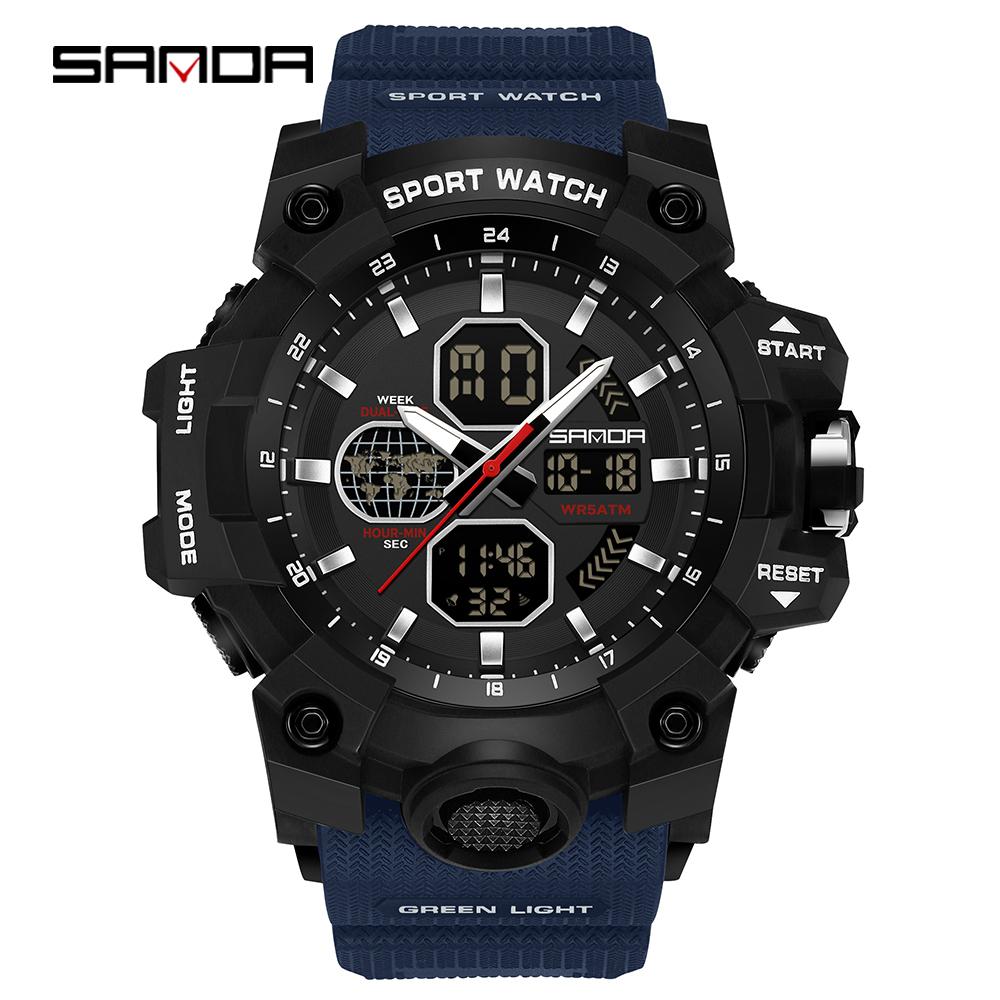 SANDA 9093 Men Electronic Watch Trendy Fashion Sport Waterproof Date Pointer Digital Analog Dual Display Wrist Watch for Student