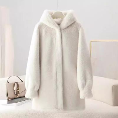 Mittellanger Kunstnerzmantel mit Kapuze für Damen, doppelseitiger Pelzplüschmantel, Winterjacken aus dickem Pelz, flauschiger, gemütlicher Mantel, pelzig