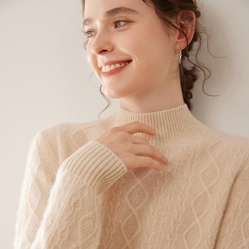 Women's Slim Fit Cashmere Cable Knit Pullover with Half-High Collar
