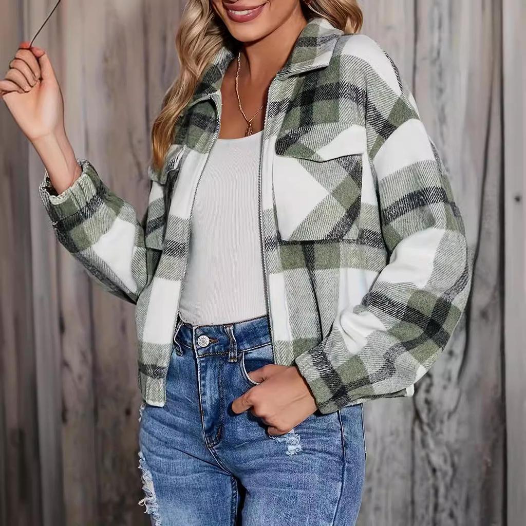 Autumn Winter Women's Plaid Zipper Jacket with Pockets - New Casual Short Style