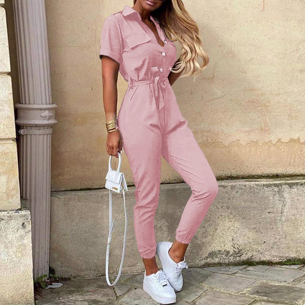 Women's Pants, Casual Lapel Buckle, Printed Waistband, Workwear Jumpsuit