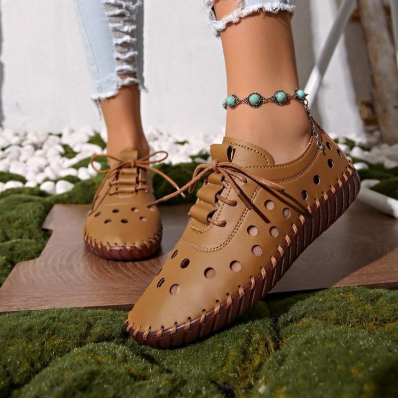 Hollow lace-up hole shoes large size new flat-bottom sewn thick-soled single shoes wish source